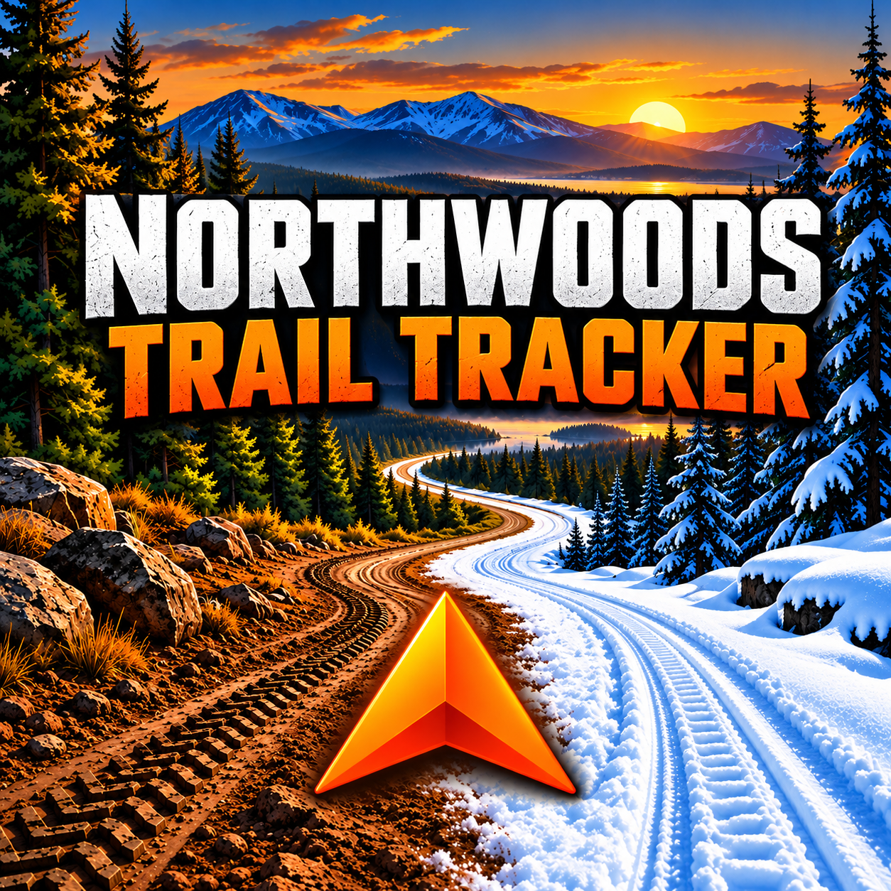 Northwoods Trail Tracker app artwork: orange navigation arrow over a winding dirt and snow trail, with mountains and a sunset